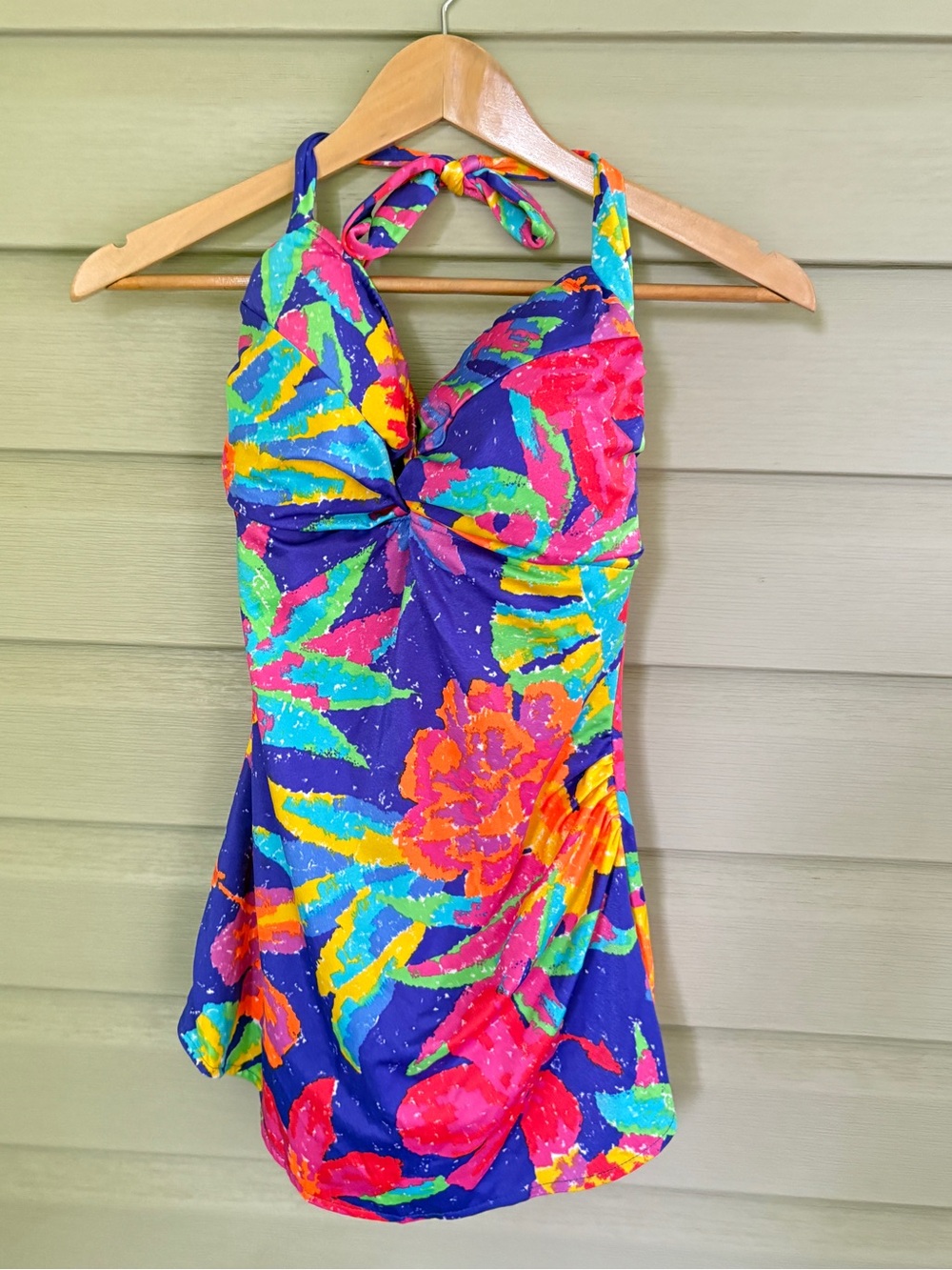Vintage 90s E-Stewart neon tropical one piece swimsuit halter swimsuit sz 16 EUC - Picture 3 of 12